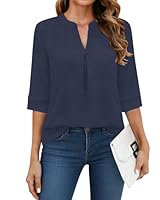 WNEEDU Damen Basic Oberteil 3/4 Arm - V-Ausschnitt Blusenshirt Casual und Business Tauglich Blusen Tuniken für Damen Marineblau L