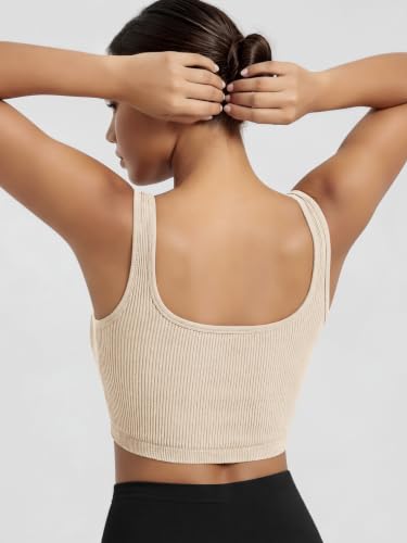 Image of ODODOS 3-Pack Seamless Square Neck Crop Tank for Women Ribbed Knit Soft Low Back Cropped Tops