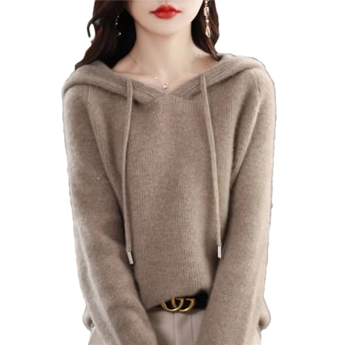 Wvapzxx Women's Merino 100% Wool Hooded Pullover Sweater Autumn Winter Solid Color Jumper Cashmere Knitted Hooded Top