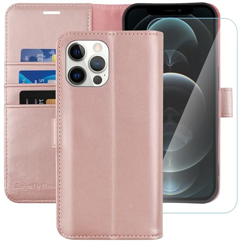 MONASAY Wallet Case Compatible for iPhone 11 Pro Max 5G, 6.5-inch, [Glass Screen Protector Included] [RFID Blocking] Flip Folio Leather Cell Phone Cover with Credit Card Holder, Rosegold
