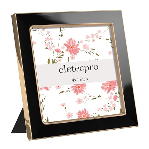 Image of eletecpro 4x4 Enamel Picture Frame with Real Glass Cover, Square Photo Frame with Gold Metal Edge Display Pictures 4 by 4 for Tabletop and Wall Decor, Black, 1 Pack