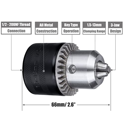 Yakamoz 1/2-Inch Drill Chuck With Key 1.5-13Mm Drill Press Chuck Replacement 12-20Unf Mount For Impact Driver Power Drill #TOP3