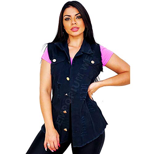Max Colete Jeans Feminino Destroyed – EWF Jeans - Preto (XGG)