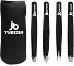 JustBlanks Professional Stainless Steel Precision Tweezers - Eyebrow, Ingrown Hair, Splinter, Blackhead & Tick Remover (Slant+Pointed+Classic+Pointed Slant) Pack of 4 Black