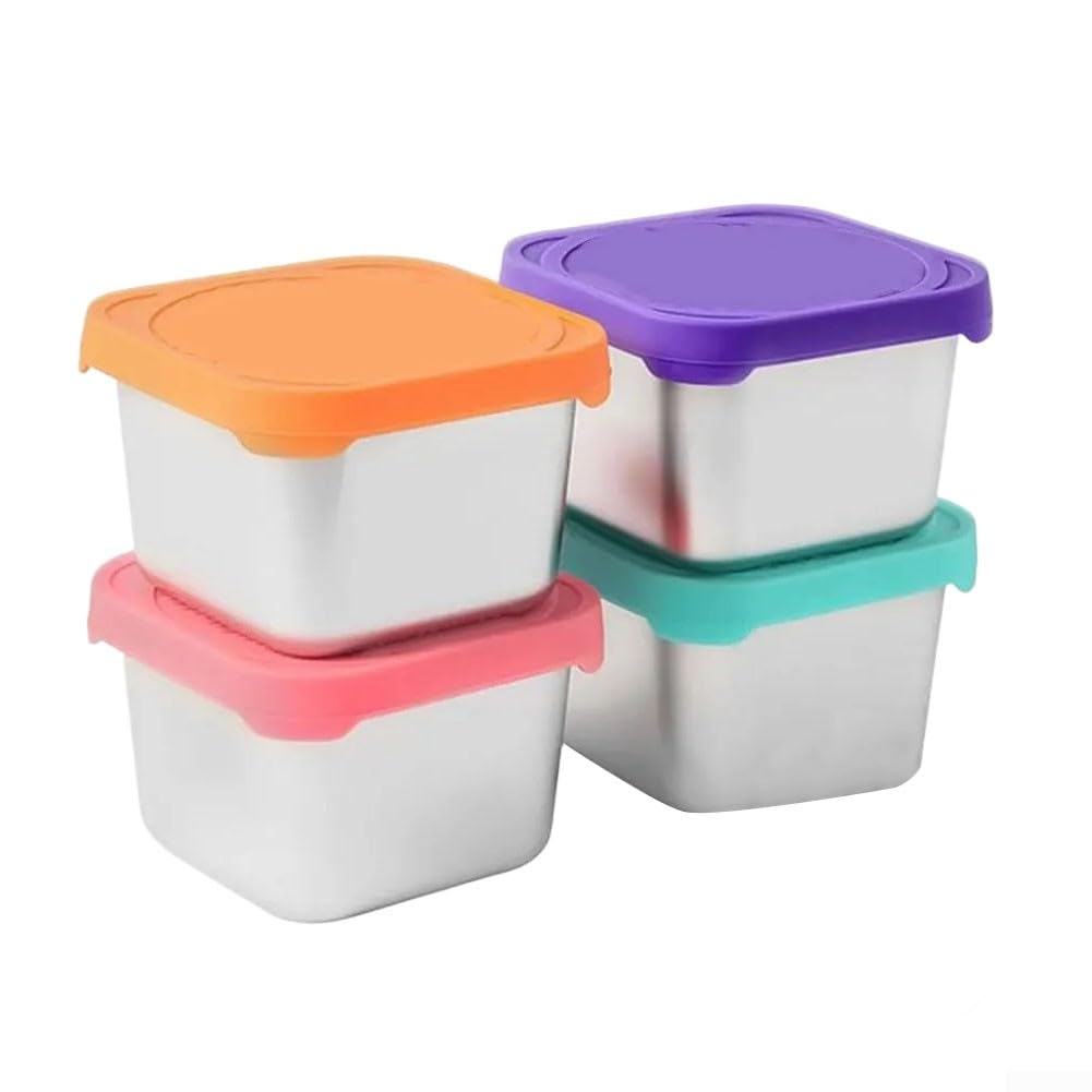 Juego de 4 recipientes de acero inoxidable para aperitivos con tapas de silicona, cajas cuadradas de 6 onzas para embalaje portátil de alimentos