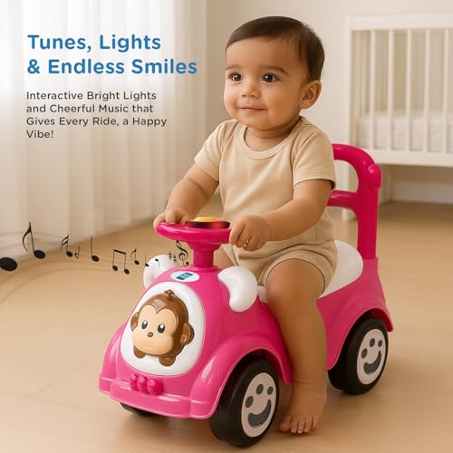 Image of Mee Mee Safari Cruze Ride on for Kids with Light Button,Music & Horn Steering, Push Car for Baby with Backrest, Safety Guard, Under Seat Storage & Big Wheels, for Kids 1-3 Yrs Upto 25 Kgs (Pink)