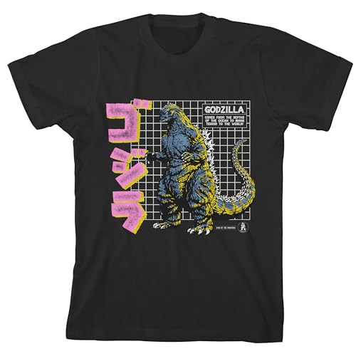 Godzilla Grid & Kanji Crew Neck Short Sleeve Boys Black T-Shirt-XXL