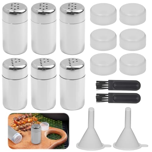 FunWorth 6 Piezas Mini Saleros y Pimenteros, Recipientes Pequeños para Especias de 5 ml con Tapa, Cepillo y Embudo, de Acero Inoxidable para Viajes, Camping y Barbacoas