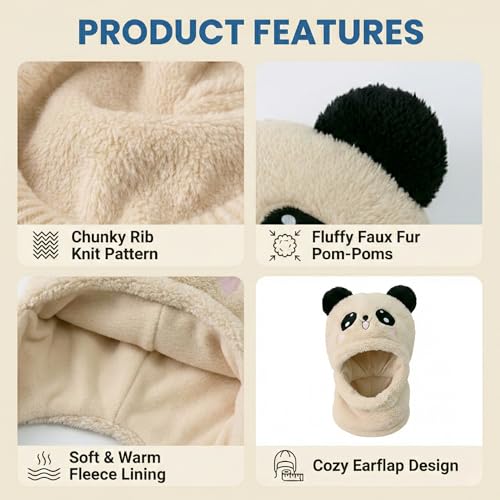 Image of Kraptick Winter Kids Monkey Cap - Cute Panda Plush Balaclava Hat with Neck Warmer Scarf Soft Woolen Fleece Lined Windproof Earflap Hood for Babies -3