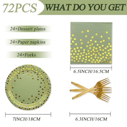DTGDASCF Happy Birthday Paper Plates and Napkins - 7 Inch Sage Green Gold Dot Paper Plates and 6.5 Inch Napkins with 6.3 Inch Forks Disposable Tableware Set for Birthday Party Decorations - Image 4