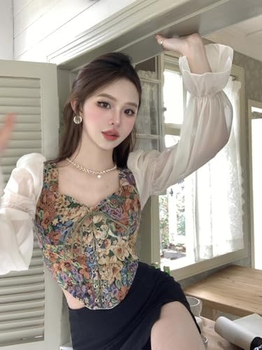 Image of ICW Women French Style Retro Vintage Lace-Up Floral Jacquard Square Neck Smock Puff Sleeve Ruffled Crop Blouse Corset Top Dn29