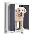 Qeelko Aluminum Pet Door with Panels,Durable Dog Door with Automatic Closing Magnetic Flaps, Slide-in Panel & 4 Security Locks, Ideal for Interior and Exterior Doors, Screen and Wall, Medium, Sliver