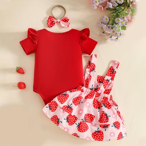 JENJON Sommer Kleidung für Baby Mädchen Niedlicher Süßes Print Kurzarm top mit Trägerrock und Stirnband 3-teiliges Outfit für Neugeborene Set Rote Erdbeere 3-6 Monate