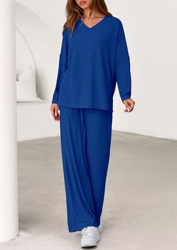 PRETTYGARDEN 2 Piece Lounge Sets for Women Fall Outfits 2025 Casual Loose Long Sleeve Tops Wide Leg Pants Matching Pajama Set