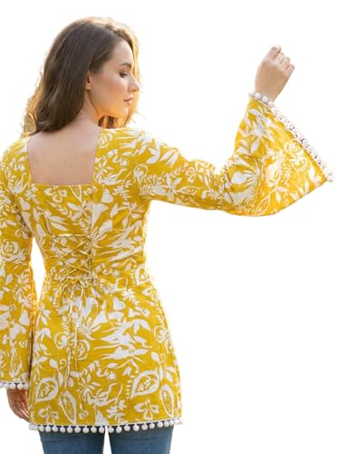 Image of Women's Premium Viscose Rayon Floral Printed Short Kurti | Stylish Bell Sleeves with Pom-Pom Lace | Teal Blue Tunic Top for Jeans & Office Wear