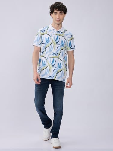 Image of Spykar Men's Slim Fit Polo Neck Half Sleeve Printed Casual T-Shirt