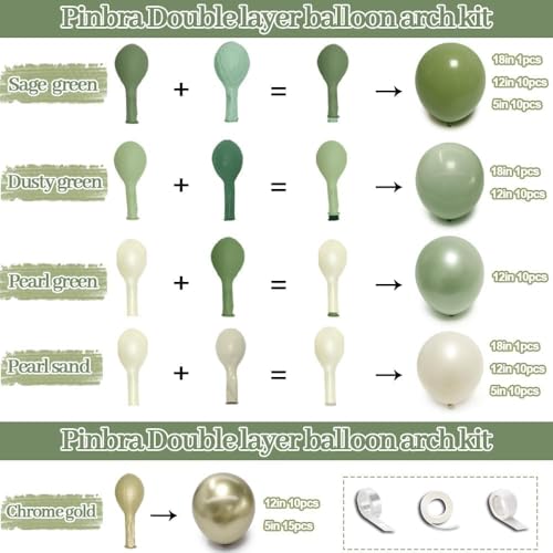 Image of Green White Balloon Garland Double Stuffed Sage Green Gold Pearl White Balloons Arch Kit Dusty Pastel Cream Sand Latex for Christmas Baby Shower Birthday Engagement Party Decorations