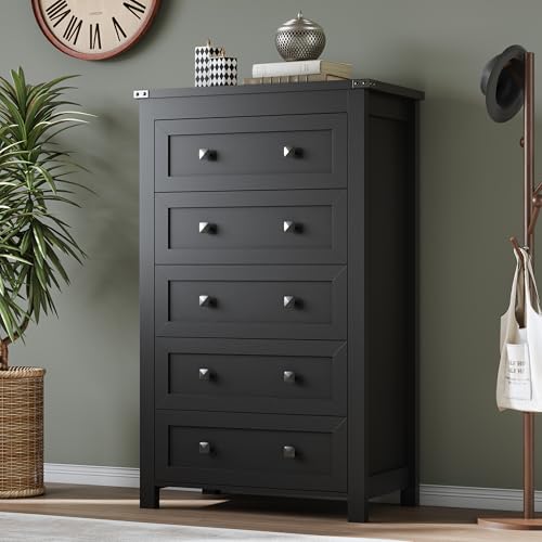 Image of BORNOON Tall 5-Drawer Dresser, Modern Wooden Storage Chest of Drawers, Dresser TV Stand, Wood Drawer Organizer with Metal Handles for Bedroom, Living Room, Hallway