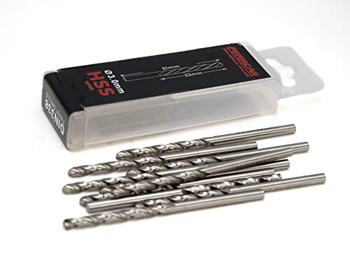 Ferrcan HSS Metallbohrer M2 DIN 338 für Metall, speziell für Eisen, Kohlenstoffstahl, Gusseisen, Aluminium usw. (Packung mit 10 Stück pro Größe) (3mm)