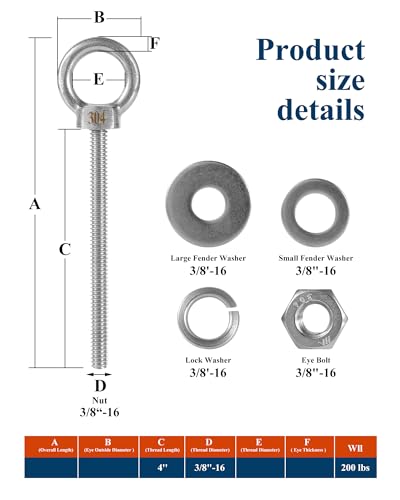 Image of Eye Bolt with Nuts 1 /4'' x 3'' (4 Pack), Imperial, Heavy Duty Stainless Steel 3 /8-16 Long Eye Bolts, Bonus Drill Bit Included