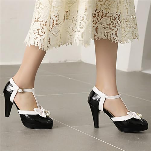 Image of Elbslutt Women's Cute Retro Rockabilly Shoes T Strap Mary Janes Heels Chunky Cosplay Shoes Sweet Block Heeled Bow Pumps