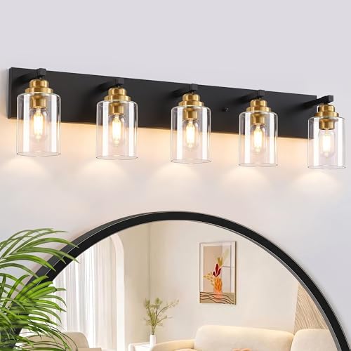 Image of 5-Light Black and Gold Bathroom Vanity Light, Clear Glass Shade | 35.4 inch Wall Mount Over Mirror Lighting Fixtures, Brushed Gold Finish, Durable Metal, Modern Farmhouse Style, for Bathroom