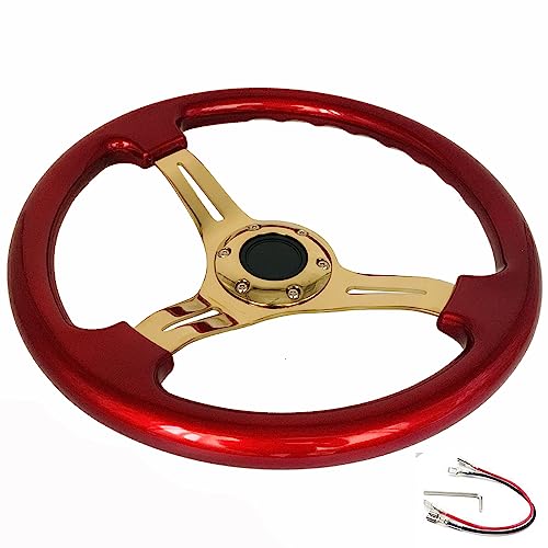 Universal Red Wood Grain Steering Wheel Gold Spoke 14