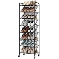 STO STO 8-Tier Narrow Shoe Rack with Wheels, Double-Sided Vinyl Mesh Shelf Shoe Organizer for Up To 30 Pairs, Slim Space Saving Metal Shoe Storage with Lockable Wheels for Entryway, Closet, Hallway