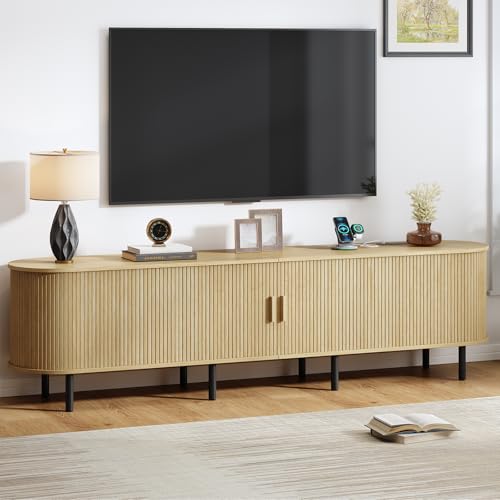Image of 86.6 inch TV Stand with Power Outlet, Mid-Century Modern Television Stand, Fluted Media Console with Sliding Doors, Entertainment Center for TVs up to 90 Inch, Adjustable Shelves, Oak