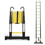 Joparri Escalera telescópica de aluminio de 3,8 m, escalera extensible con estabilizador y gancho extraíble, escalera de aluminio antideslizante, escalera multiusos, capacidad de carga de 150 kg