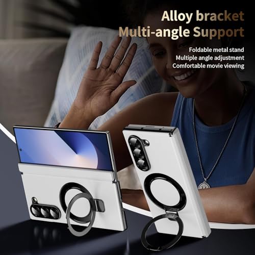 Image of TechTrendz Shockproof Front Glass Premium Luxury Leather Cover Compatible with Samsung Galaxy Z Fold 6 Case with 360 Rotation Adjustable Stand, Phone Case for Z fold 6 Back Cover (White)