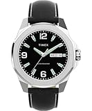 Timex Essex Day & Date TW2W92900 - Orologio da uomo da 46 mm, cinturino in pelle nera con quadrante nero e cassa argentata