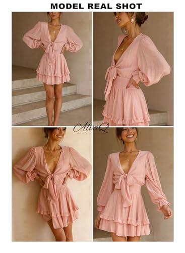 Image of AlvaQ Womens Spring Summer Knot Front V Neck Ruffles Long Sleeve Floral Print Swing Mini Dress, Medium