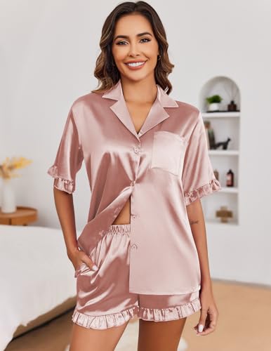 Image of Ekouaer Satin Pajama Set for Women 2 Piece Pj Sets Short Sleeve Sleepwear | Super Soft Silky Summer Loungewear Set with Ruffle Short Sleeve Top and Pocket Shorts, Casual Travel Daily Gift