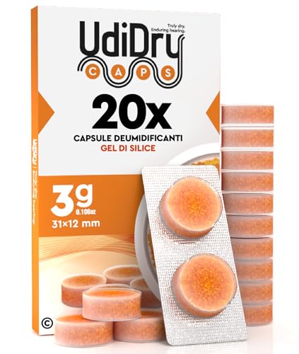 20 Capsule Essiccanti per Apparecchi Acustici UdiDry Caps (3g) 31mm con Gel di Silice di Alta Qualità - Capsule Deumidificanti con Indicatore di Colore per Asciugatura Dispositivi Acustici