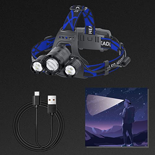 Headlamp Rechargeable 6000 Lumens Super Brightest 4 Modes Head Lamp For Adults Zoom Waterproof Headlight 90°Angle Adjustable Head Lights For Outdoor Camping Hunting Running Hiking(Blue) #TOP7