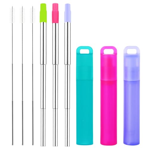 NAIVELY-Metal Reusable Straws, 3 Pack Collapsible Portable Stainless Steel Straws, with Plastic Housing Silicone Tips and Cleaning Brush, Retractable Portable Pocket Drinking Straws