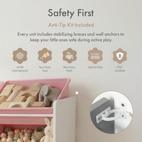 Image of Humble Crew Toy Storage Organizer with 12 Removable Storage Bins for Kids Playroom, 4-Tier Toddler Toy Organization, White /Pink