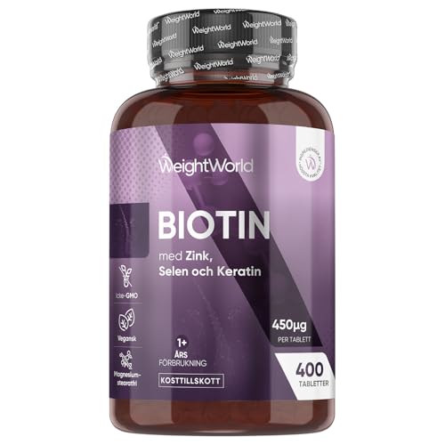 Biotin Komplex med keratin 25 mg, selen, zink – 400 veganska tabletter – 1+ års förråd – Biotin bidrar till att upprätthålla normalt hår (EFSA) – Fri från magnesiumstearat – WeightWorld