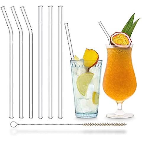 Straw Glass Straws Reusable Drinking Straw - 23 cm Straight & Curved Pack of 6 - Glass Straws + Dishwasher Safe - Sustainable Glass Drinking Straws Glass Straws - Cocktail Cover