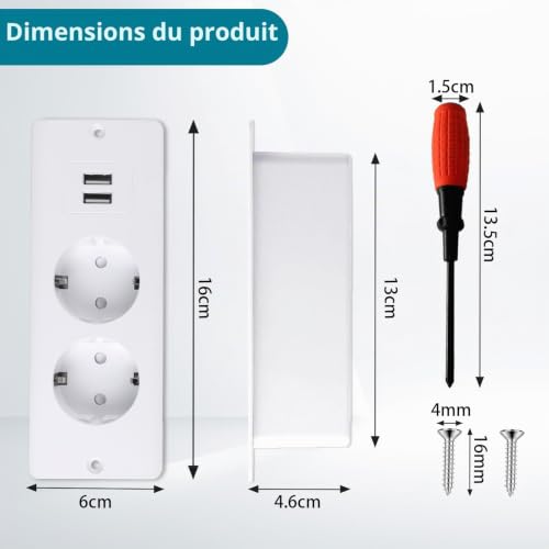 BouGPeng Prise Encastrable Plan de Travail avec 2 USB Câble de 1,5m-Blanc – vue 2