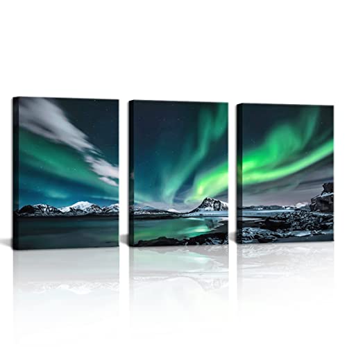 Yang Hong Yu Night Aurora Borealis Sky Landscape Wall Art- Arctic Mountain Lake Scenery Picture Print On Canvas - Wall Poster For Living Room,Bedroom,Bathroom,Office 12"X 16"X 3 Panels #TOP4