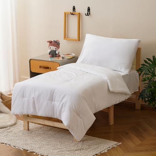Image of Luxlovery Toddler Comforter Set White Solid Boys Girls Kids Boho Bedding Set Bed Set for Dorm 4 Pieces (1 Comforter, 1 Flat Sheet, 1 Fitted Sheet, 1 Pillowcase)