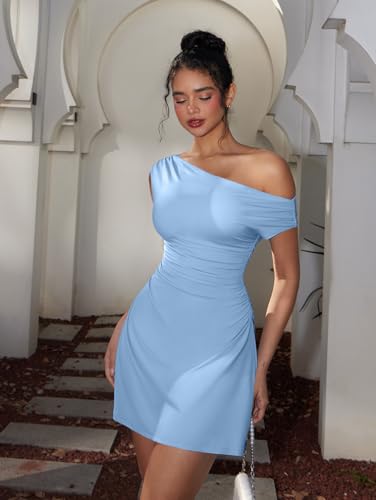 Image of LAGSHIAN Womens Off Shoulder Sleeveless Ruched Flare Mini Dress | Sexy,Summer,Slim Fit,Stretch,Trendy,Double Layer,A-line,Cocktail Party,Club,Night Out,Date,Asymmetrical Shoulder