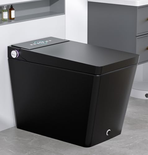 WinZo Black Smart Toilet with Bidet Built-in,Square Design with Auto Open, Auto Flush, Side Knob,Elongated Rectangular Heated Seat, Instant Warm Water and Drying,LED, Foot Kick,Matte Black