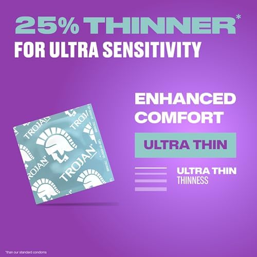 Trojan Ultra Thin Condoms, Lubricated Latex Condoms, 25% Thinner for Natural Skin-to-Skin Feel, Enhanced Sensitivity, Closeness and Trusted Protection, 34 Count (Pack of 1)