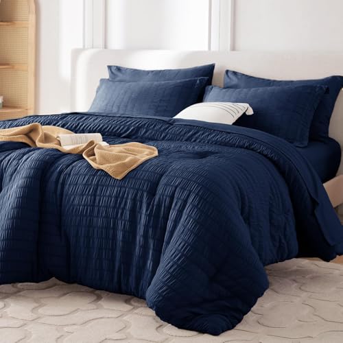 Image of MUXHOMO 7 Pieces King Comforter Set, Seersucker Bed in a Bag King Size, All Season Luxury Bedding Set with Comforter, Flat Sheet, Fitted Sheet, Pillowcases & Shams, Navy Blue