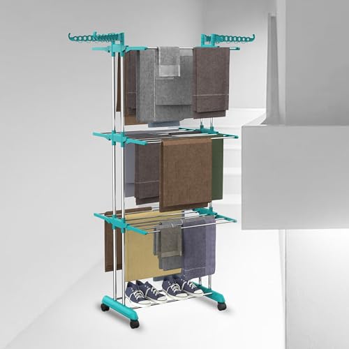 Image of LOT Ley Stainless Steel Clothes Drying Stand Foldable, Double Rack Cloth Dryer Stand, Heavy Duty Laundry Drying Rack, Rust Proof Steel Stand for Clothes, Indoor & Outdoor, 120 x 54 x 94 cm (skygreen)