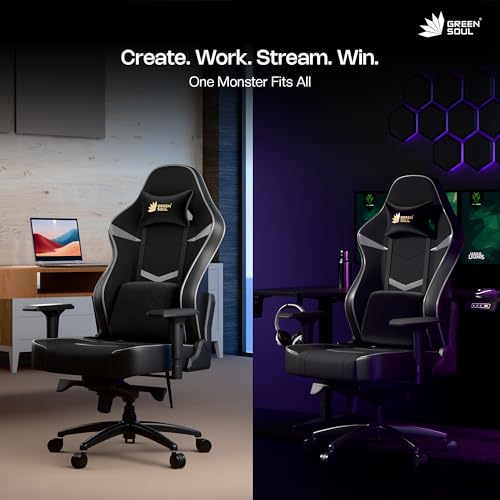 Image of Green Soul Monster Ultimate Series T | Multi-Functional Ergonomic Gaming & Office Chair | Premium Spandex & PU Leather Fabric | Adjustable Neck, Lumbar Pillow | 4D Adjustable Armrests (Black Grey)
