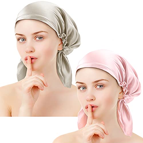 2 Pieces Women Silk Bonnet, Real Silk Night Sleeping Cap Smooth Soft for Long Hair Bonnet Hat (Chic Pattern)